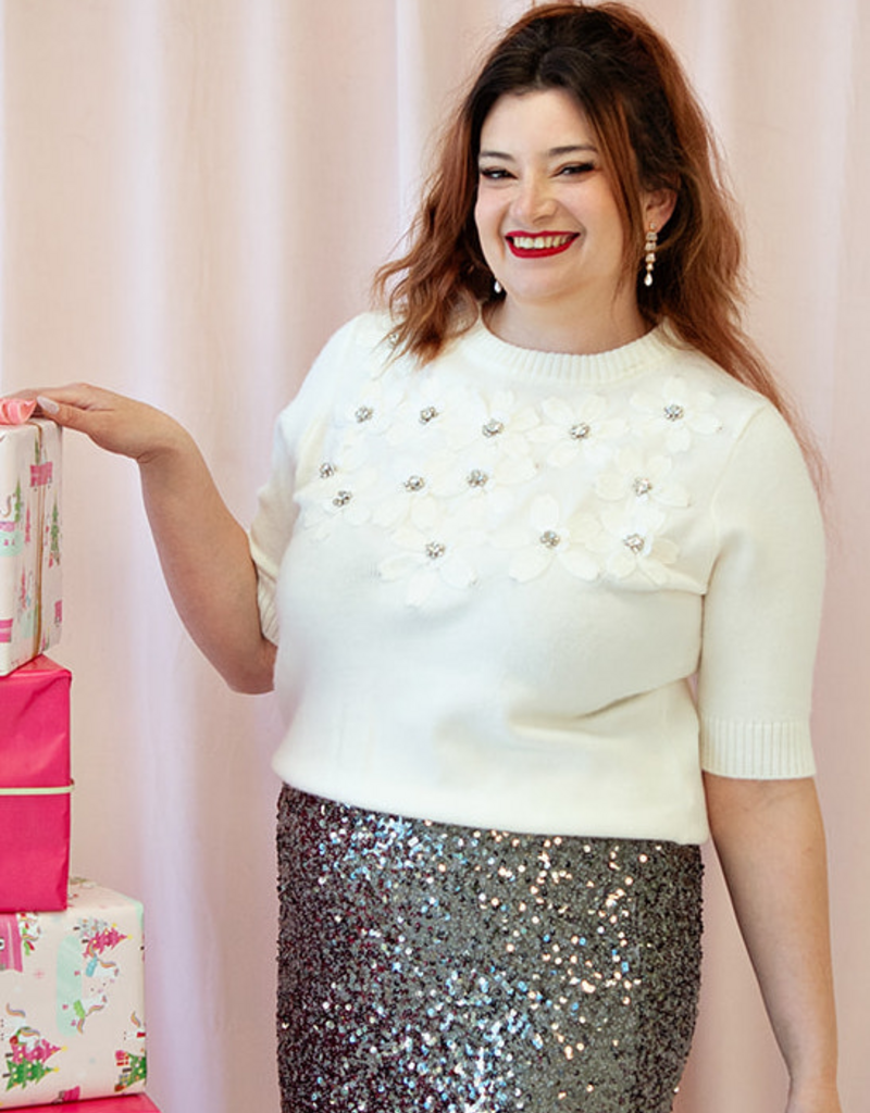 ASTRID Floral Short Sleeve Embellished Sweater (FINAL SALE)