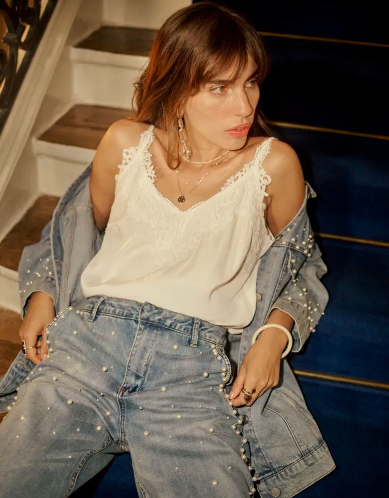 Cream Visti Straight Pearl Deco Denim Pant