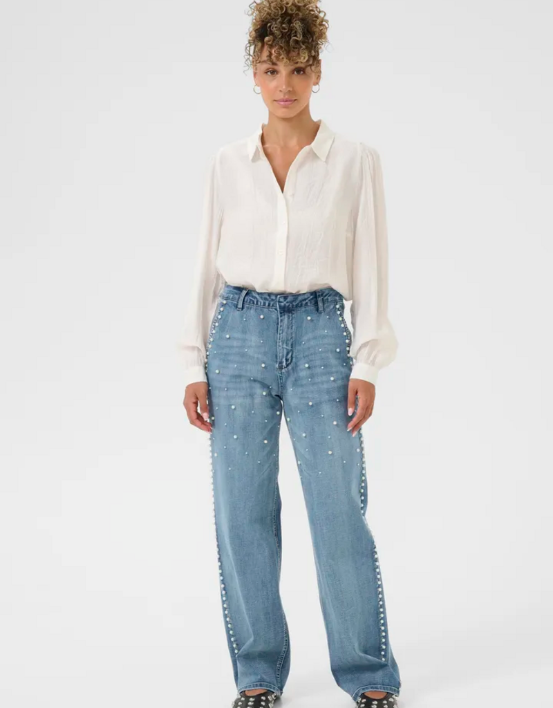 Cream Visti Straight Pearl Deco Denim Pant