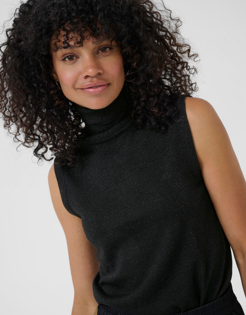 Kaffe Regina Sleeveless Roll Neck Sparkle Knit Top in Black Deep