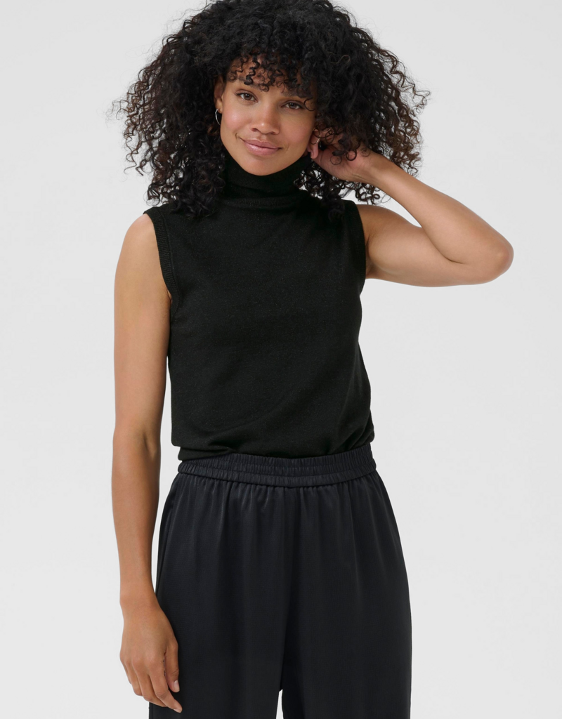 Kaffe Regina Sleeveless Roll Neck Sparkle Knit Top in Black Deep