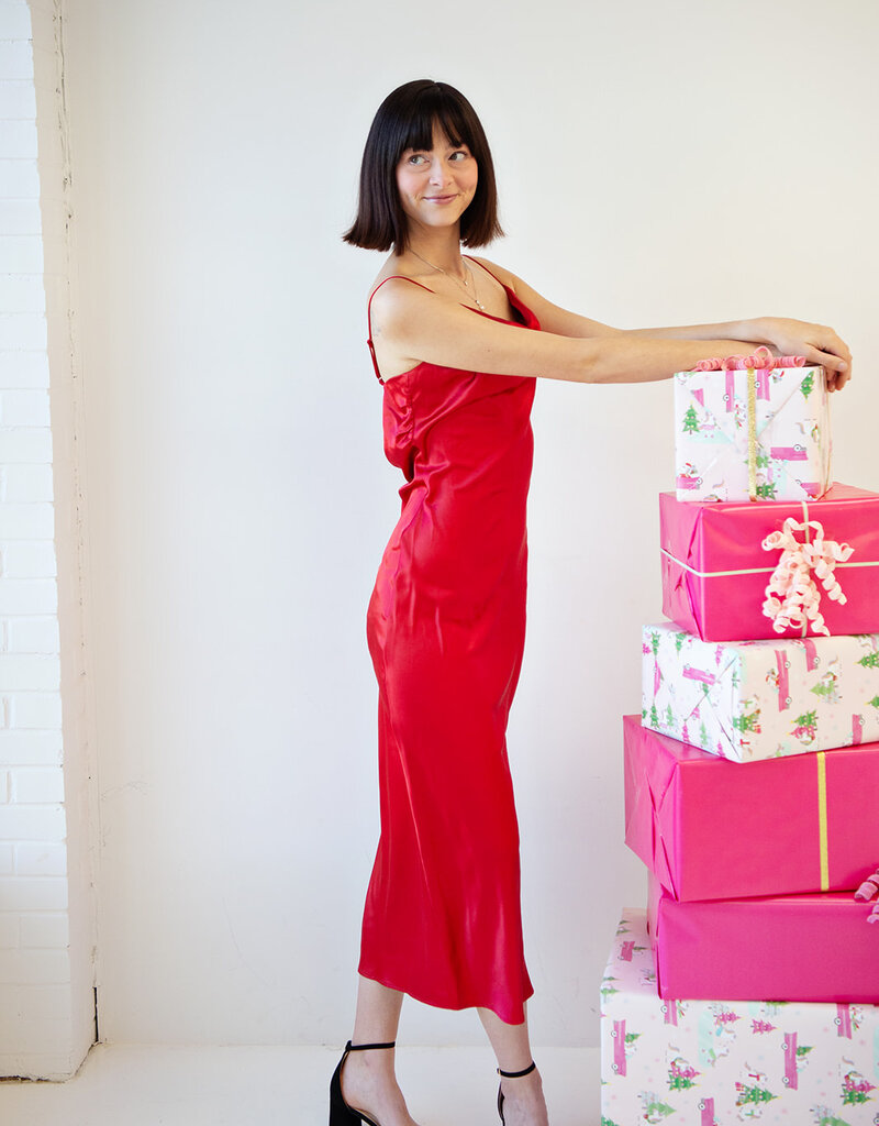 Greylin Isla Cowl Neck Satin Maxi w/ Slit in Red