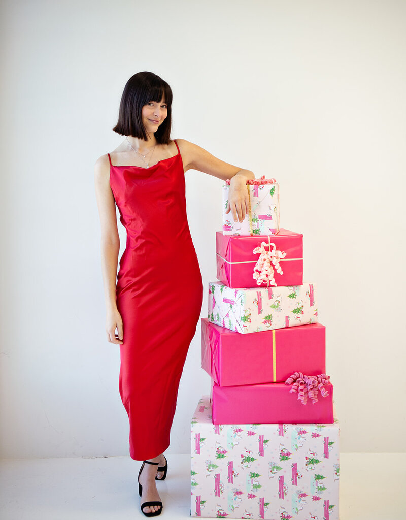 Greylin Isla Cowl Neck Satin Maxi w/ Slit in Red