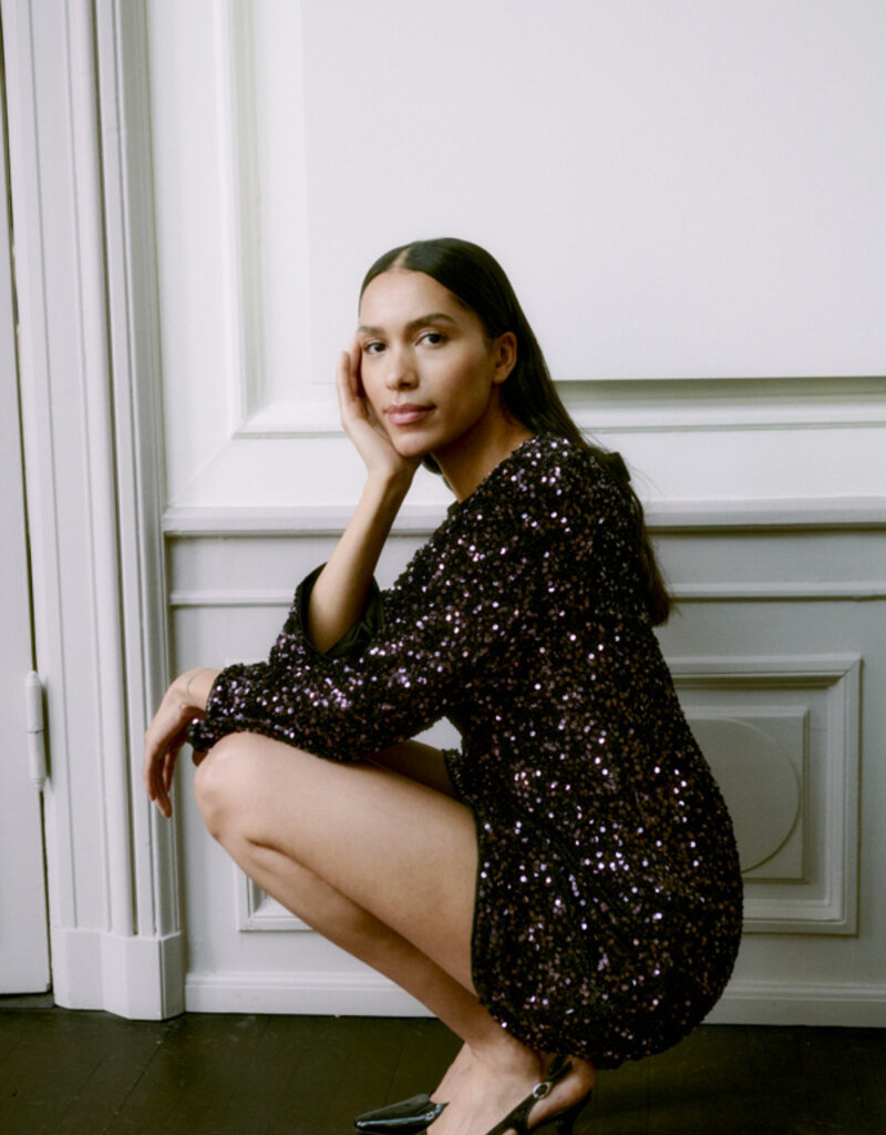 B.Young Paillet Velvet and Sequin Dress with Big Bow Detail