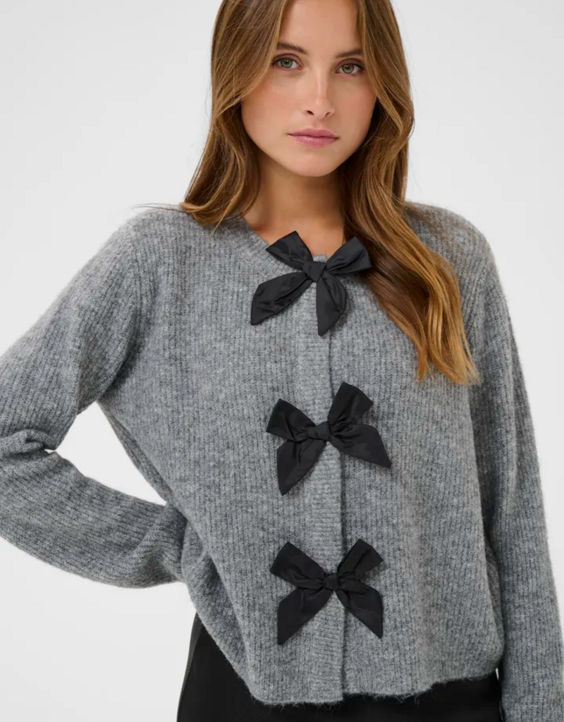 Kaffe May Cardigan with Bow Detail in Grey Melange