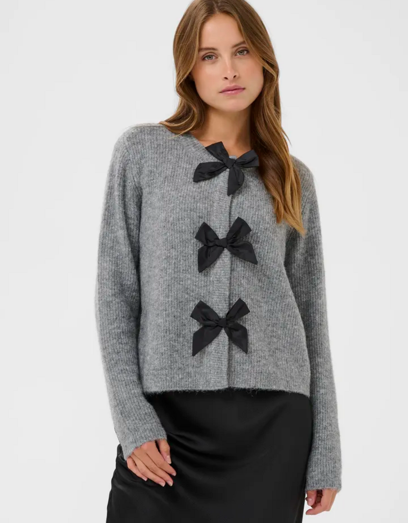 Kaffe May Cardigan with Bow Detail in Grey Melange