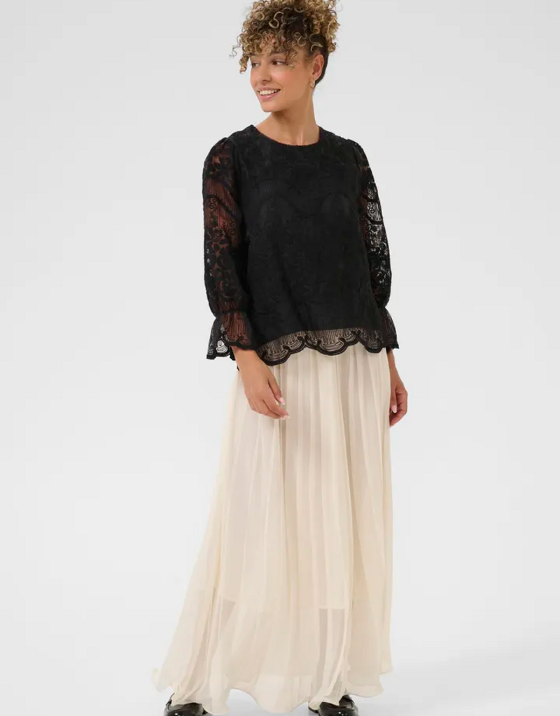 Cream Sanne Blouse with Sheer Lace Sleeves in Pitch Black