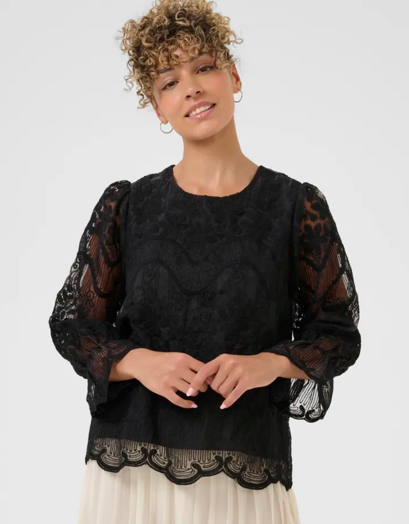 Cream Sanne Blouse with Sheer Lace Sleeves in Pitch Black