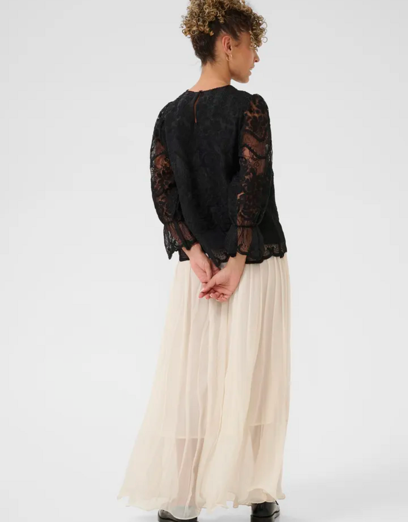 Cream Sanne Blouse with Sheer Lace Sleeves in Pitch Black