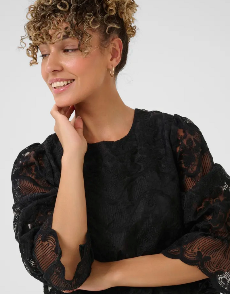 Cream Sanne Blouse with Sheer Lace Sleeves in Pitch Black