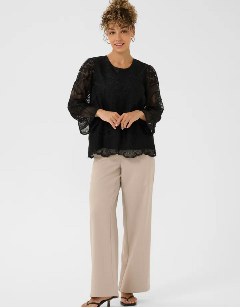 Cream Sanne Blouse with Sheer Lace Sleeves in Pitch Black