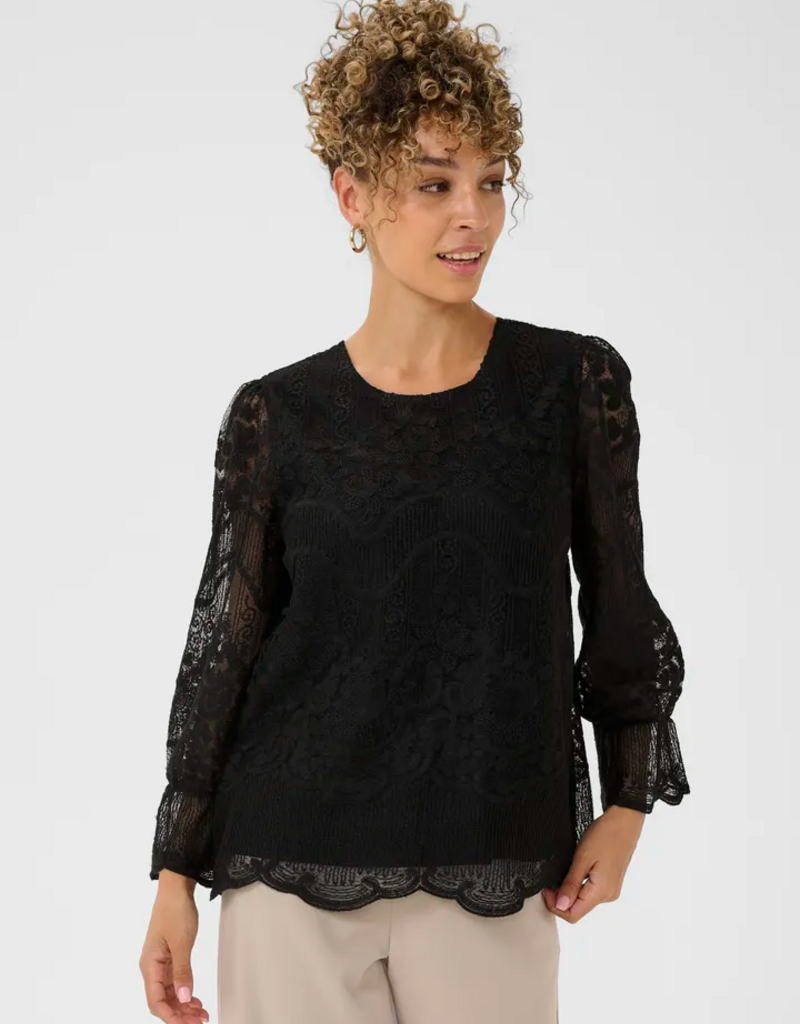 Cream Sanne Blouse with Sheer Lace Sleeves in Pitch Black