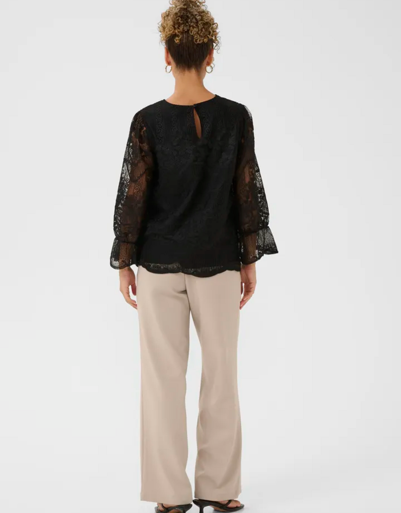 Cream Sanne Blouse with Sheer Lace Sleeves in Pitch Black