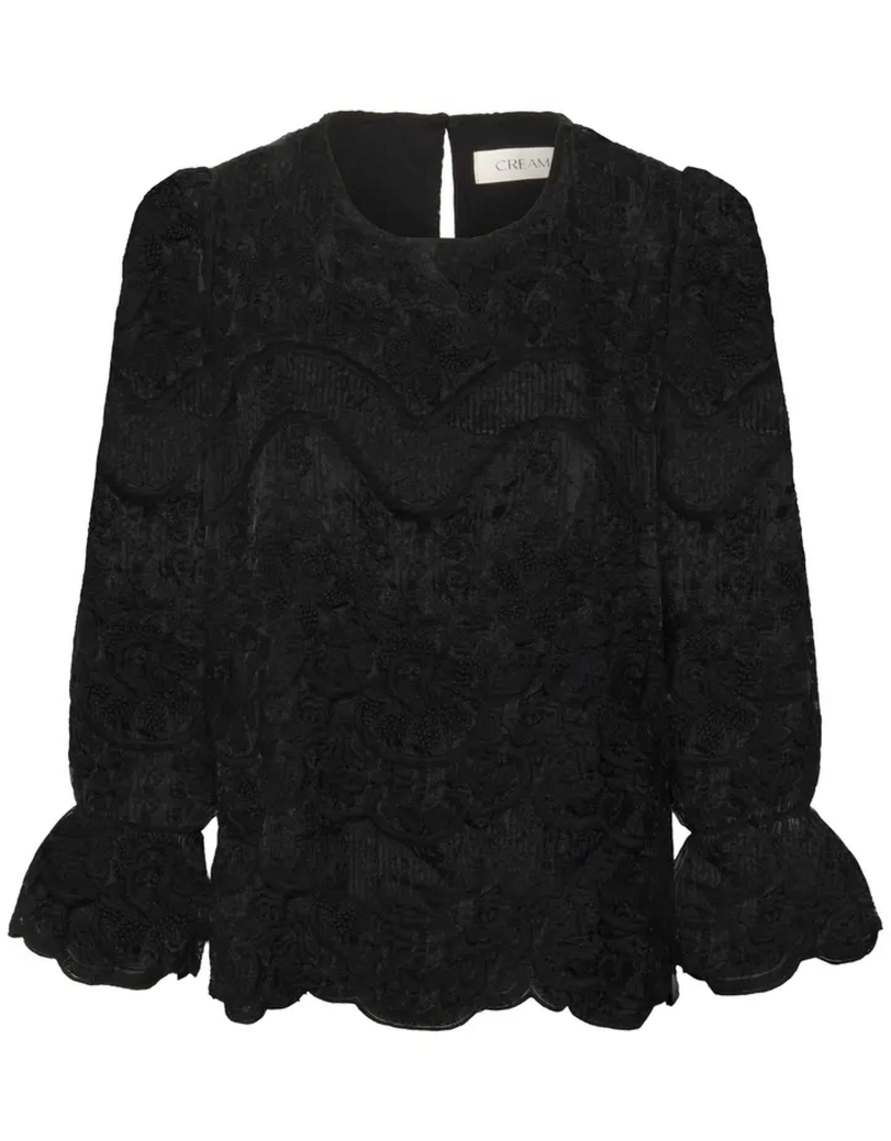 Cream Sanne Blouse with Sheer Lace Sleeves in Pitch Black
