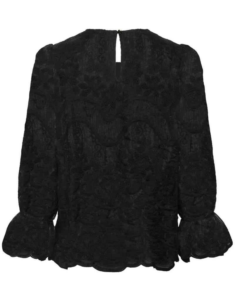 Cream Sanne Blouse with Sheer Lace Sleeves in Pitch Black