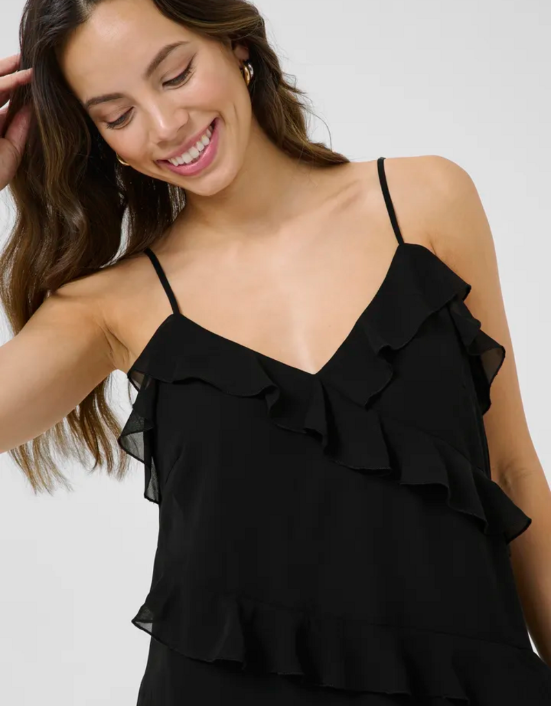 Cream Tima Dress with Ruffle Details in Pitch Black