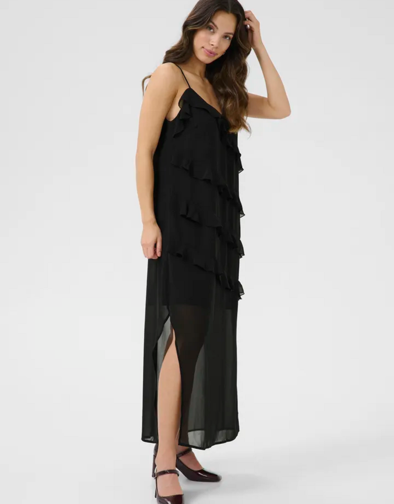 Cream Tima Dress with Ruffle Details in Pitch Black