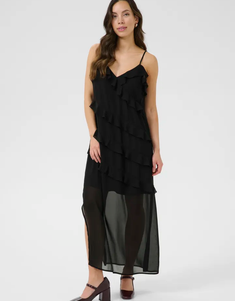 Cream Tima Dress with Ruffle Details in Pitch Black