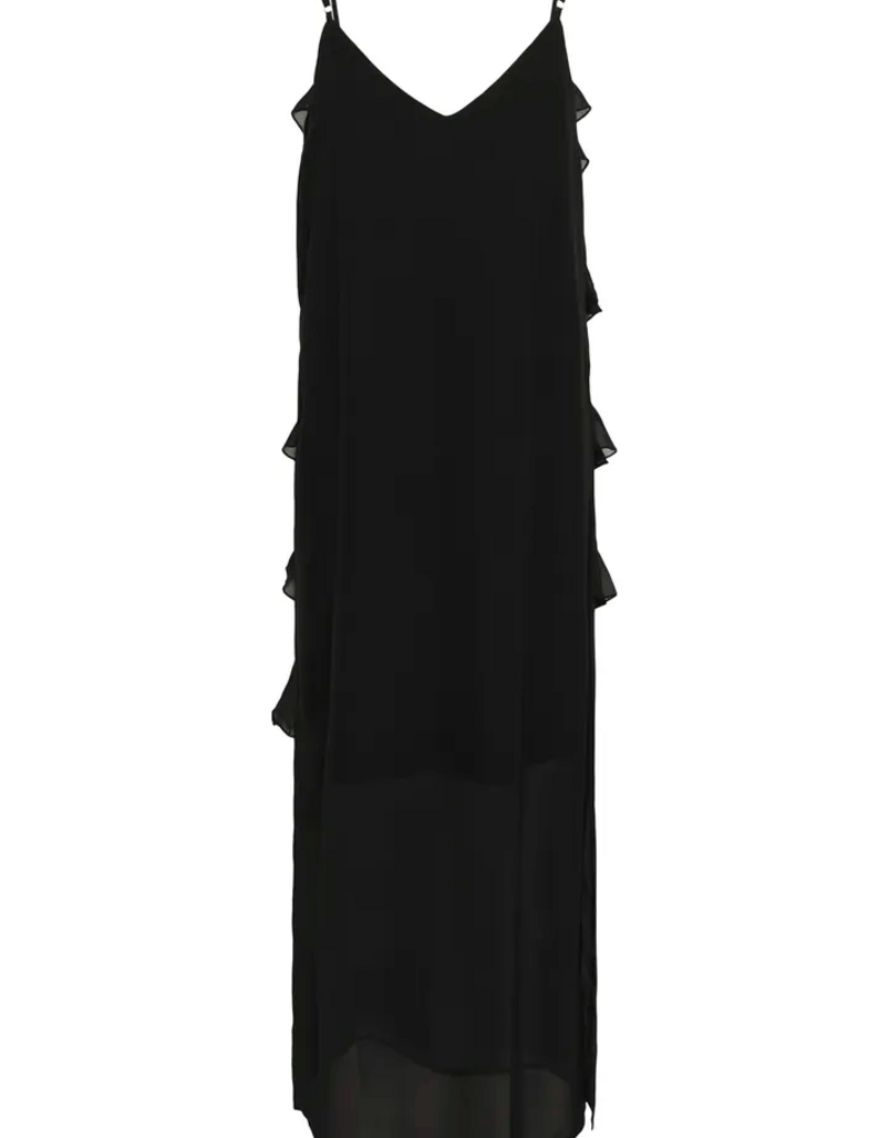 Cream Tima Dress with Ruffle Details in Pitch Black