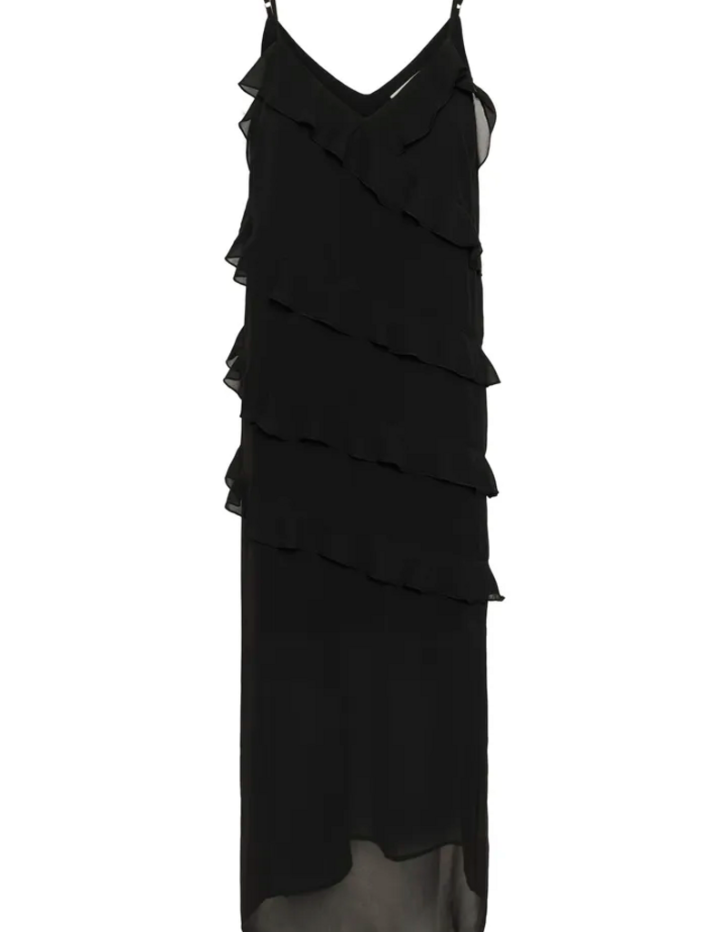 Cream Tima Dress with Ruffle Details in Pitch Black