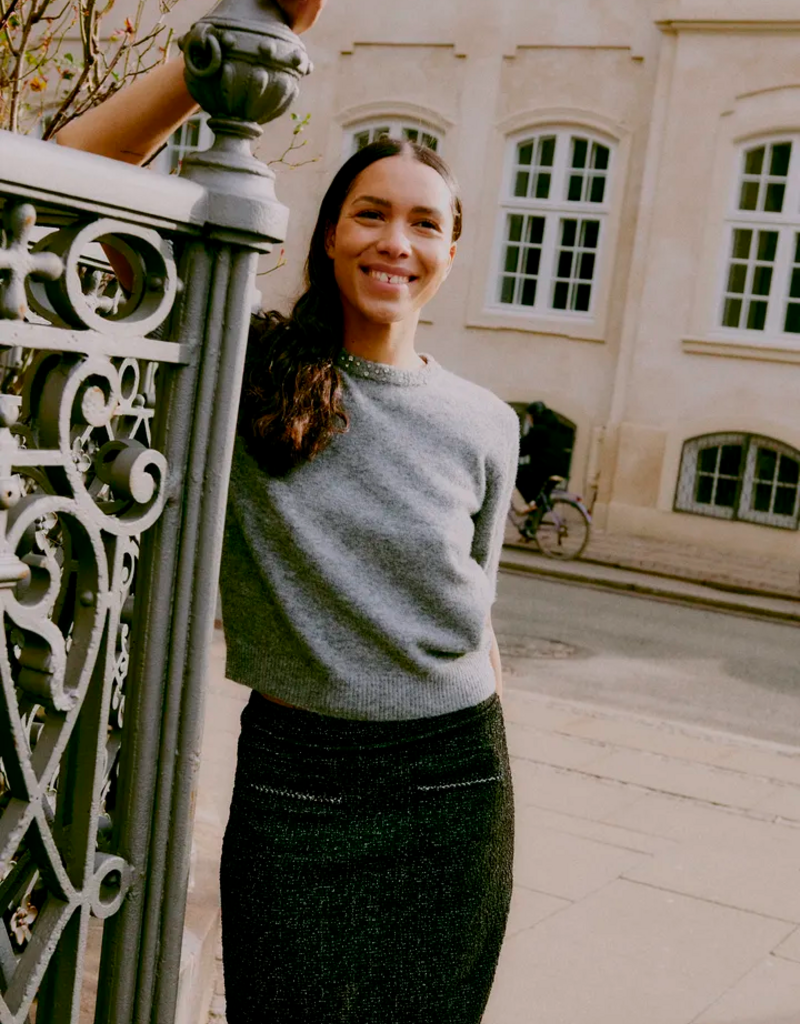 B.Young Panthea Short Tweed Skirt in Metorite Black