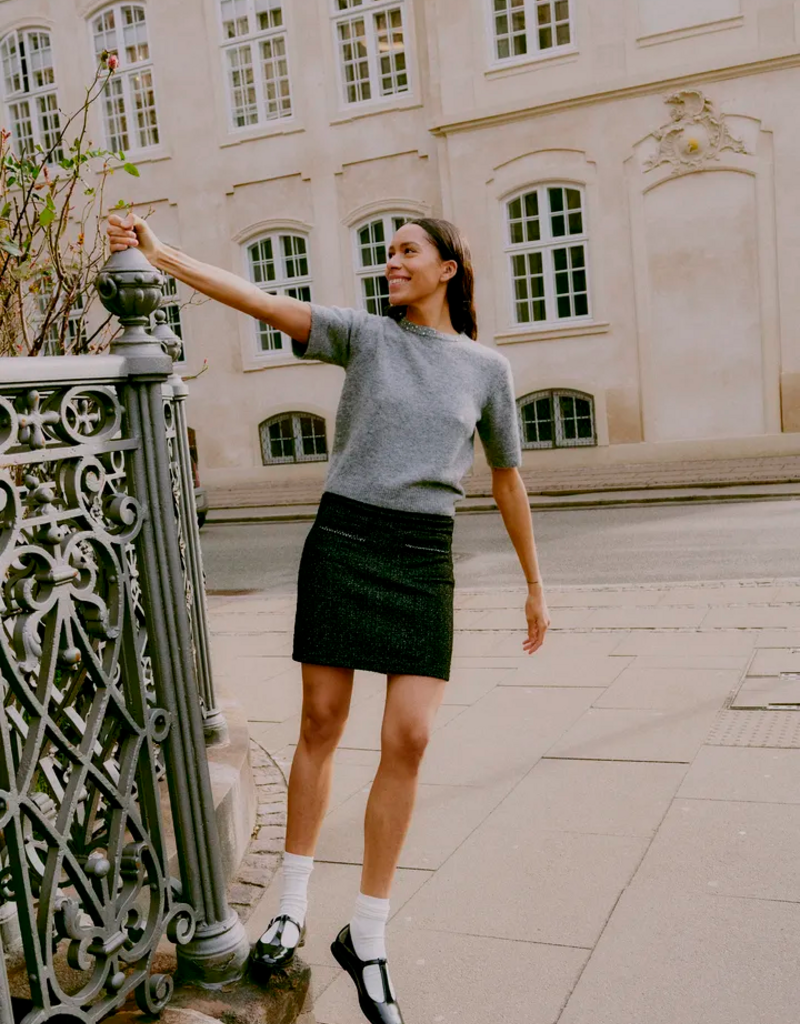 B.Young Panthea Short Tweed Skirt in Metorite Black