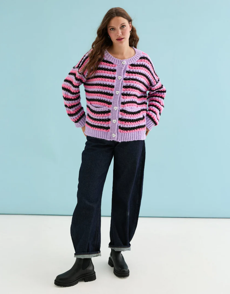Cara and the Sky Bernice Stripe Cross Stitch Cardigan in Lilac Stripe