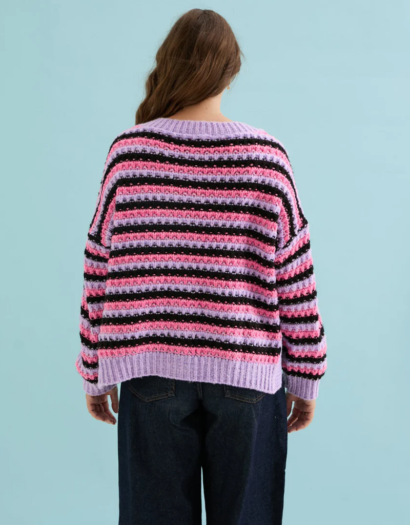 Cara and the Sky Bernice Stripe Cross Stitch Cardigan in Lilac Stripe