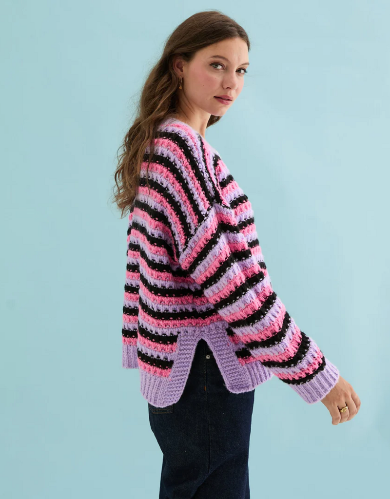 Cara and the Sky Bernice Stripe Cross Stitch Cardigan in Lilac Stripe