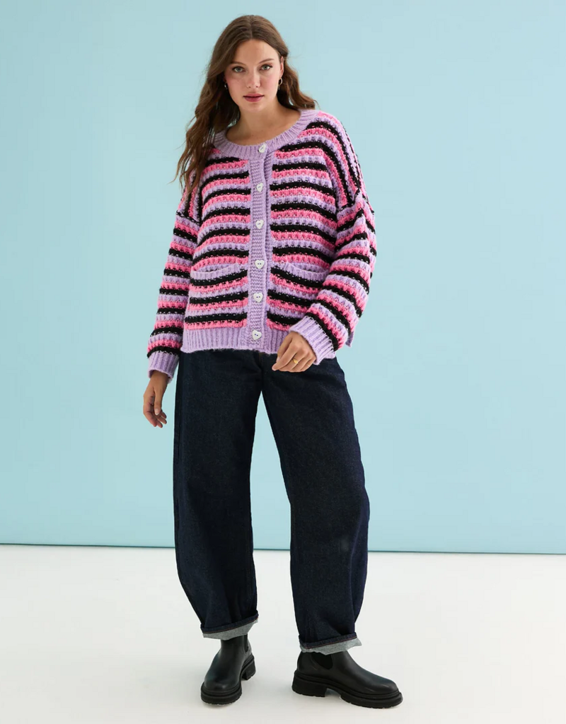 Cara and the Sky Bernice Stripe Cross Stitch Cardigan in Lilac Stripe
