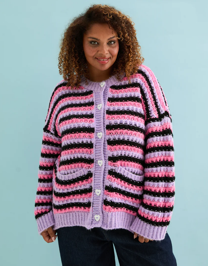 Cara and the Sky Bernice Stripe Cross Stitch Cardigan in Lilac Stripe