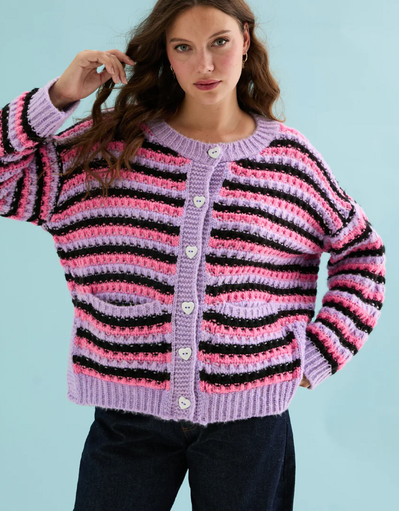 Cara and the Sky Bernice Stripe Cross Stitch Cardigan in Lilac Stripe