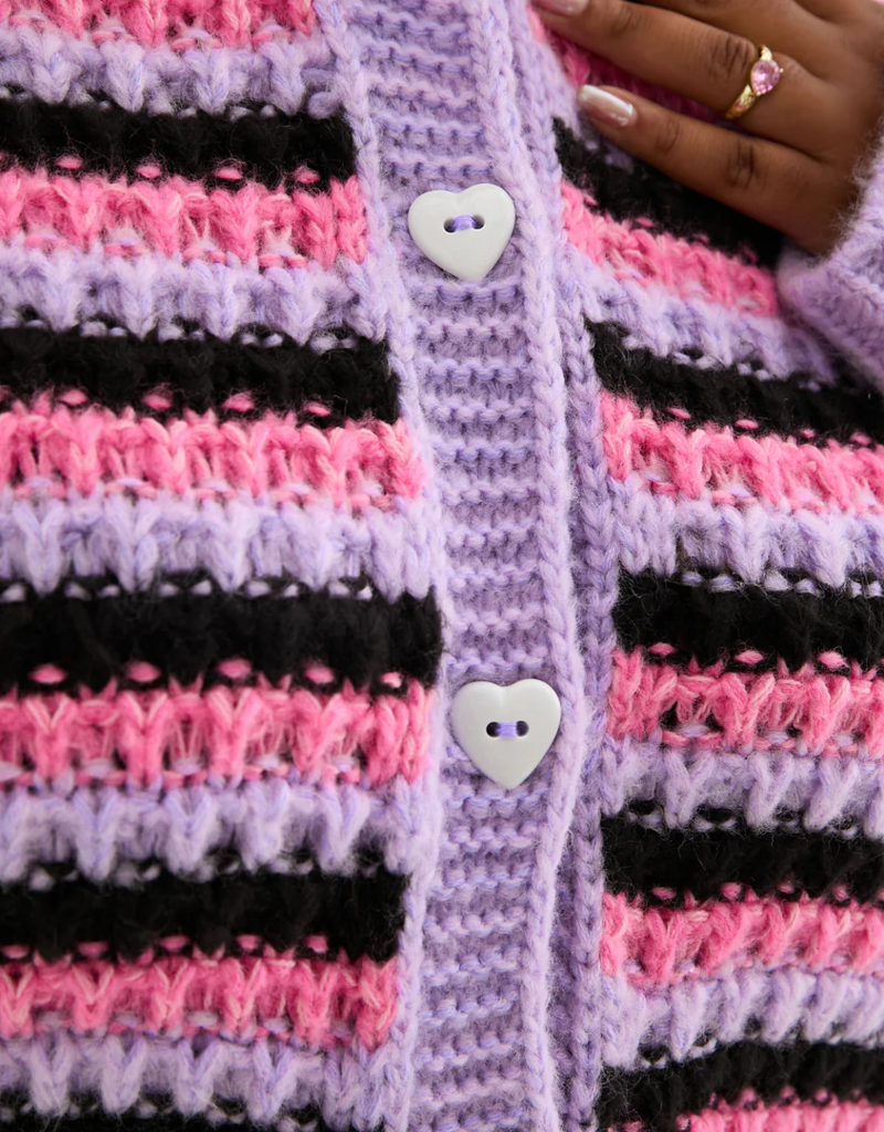 Cara and the Sky Bernice Stripe Cross Stitch Cardigan in Lilac Stripe