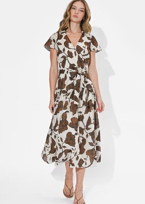 Adelyn Rae Taylor Flowy Wrap Midi Dress in Brown Floral