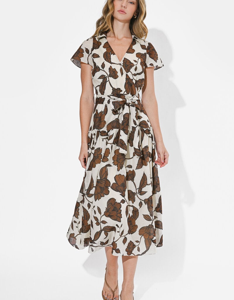 Adelyn Rae Taylor Flowy Wrap Midi Dress in Brown Floral