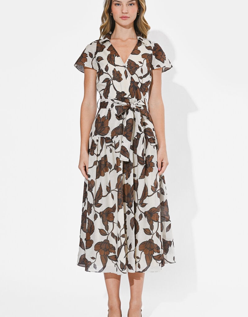 Adelyn Rae Taylor Flowy Wrap Midi Dress in Brown Floral