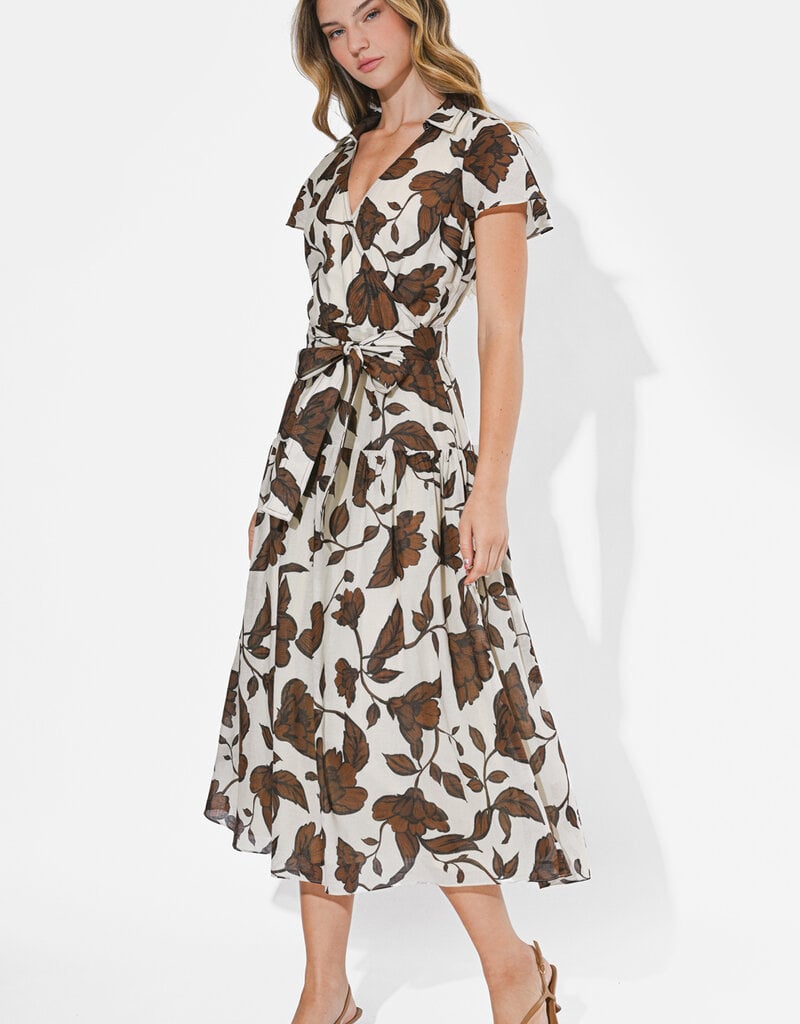 Adelyn Rae Taylor Flowy Wrap Midi Dress in Brown Floral