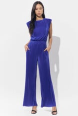 Adelyn Rae Annalise Padded Shoulder Plisse Jumpsuit in Royal Blue
