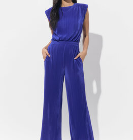 Adelyn Rae Annalise Padded Shoulder Plisse Jumpsuit in Royal Blue