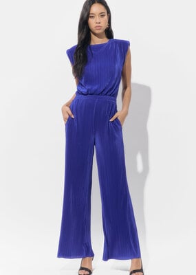 Adelyn Rae Annalise Padded Shoulder Plisse Jumpsuit in Royal Blue