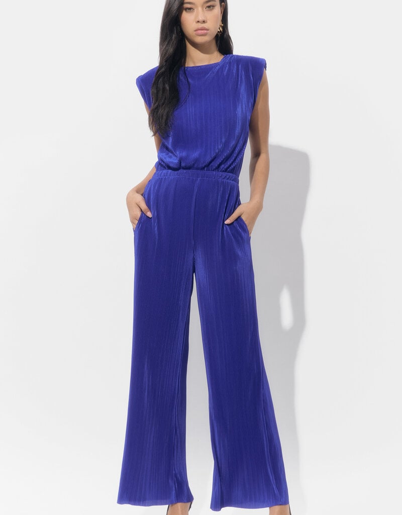 Adelyn Rae Annalise Padded Shoulder Plisse Jumpsuit in Royal Blue