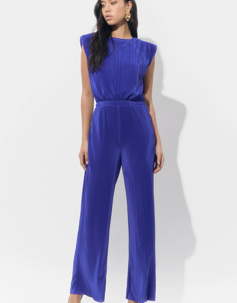 Adelyn Rae Annalise Padded Shoulder Plisse Jumpsuit in Royal Blue