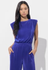 Adelyn Rae Annalise Padded Shoulder Plisse Jumpsuit in Royal Blue