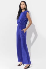 Adelyn Rae Annalise Padded Shoulder Plisse Jumpsuit in Royal Blue