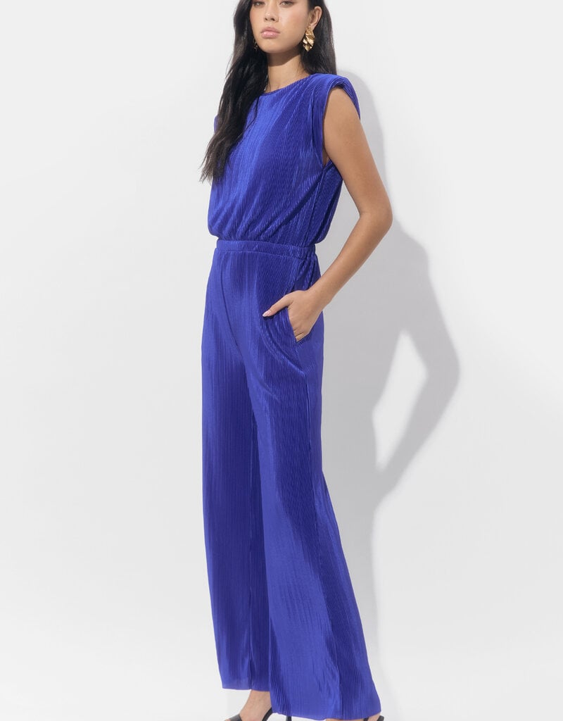 Adelyn Rae Annalise Padded Shoulder Plisse Jumpsuit in Royal Blue