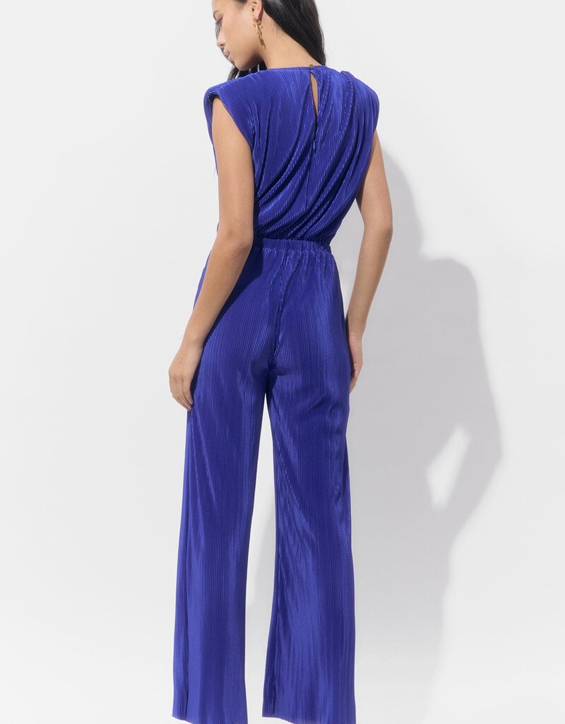 Adelyn Rae Annalise Padded Shoulder Plisse Jumpsuit in Royal Blue