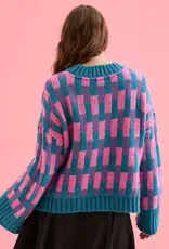 Cara and the Sky Charlotte Geometric Pattern Wide Sleeve Knit Jumper in Teal