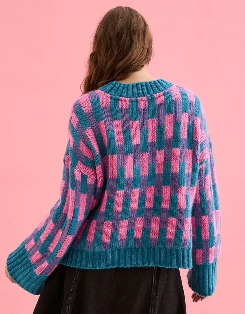 Cara and the Sky Charlotte Geometric Pattern Wide Sleeve Knit Jumper in Teal