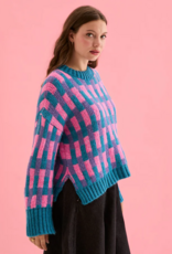 Cara and the Sky Charlotte Geometric Pattern Wide Sleeve Knit Jumper in Teal