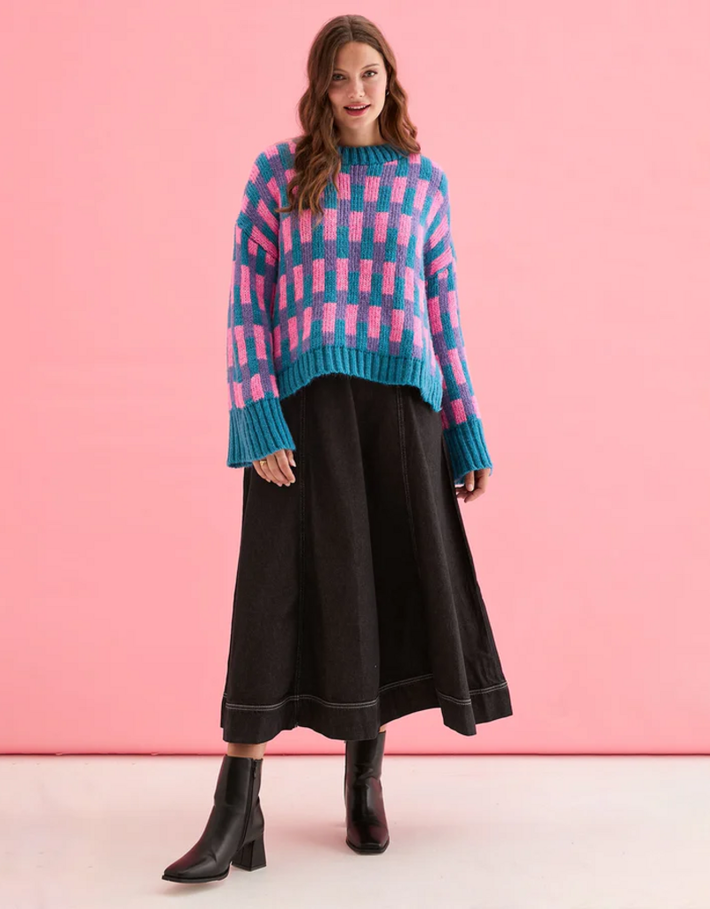 Cara and the Sky Charlotte Geometric Pattern Wide Sleeve Knit Jumper in Teal